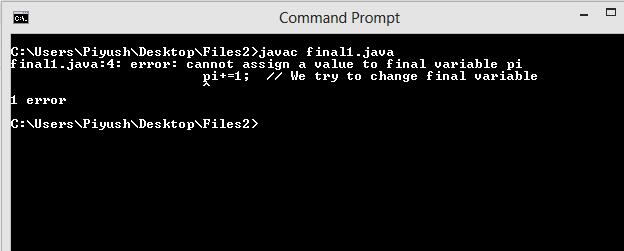 This image describes the output of sample program supporting the concept of final keyword with variable.